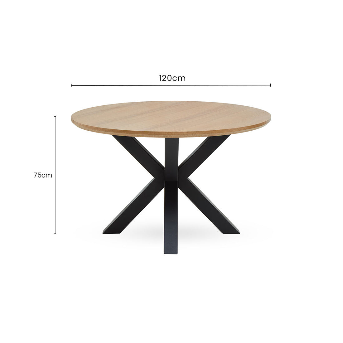 Natural Wood Veneer Top Round Dining Table with Black Metal Legs, Salford