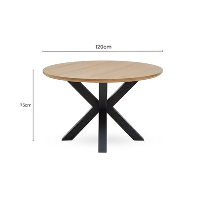 Natural Wood Veneer Top Round Dining Table with Black Metal Legs | Salford