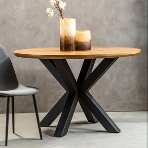 Natural Wood Veneer Top Round Dining Table with Black Metal Legs, Salford