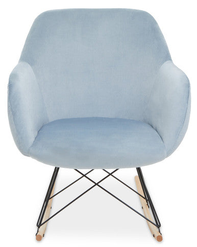 Light blue chair with black metal frame and wooden legs on a white background