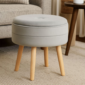 Ivy Grey Velvet Round Storage Stool