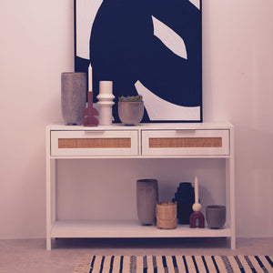 White Wooden Console Table with Rattan 2 Drawers, Sherman