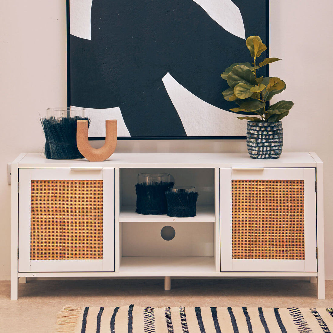 Sherman White Wood and Rattan Media Unit