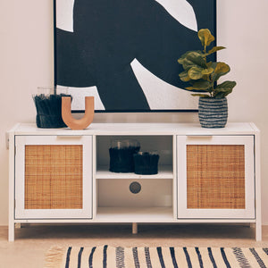 Sherman White Wood and Rattan Media Unit