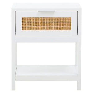 Sherman White Wood and Rattan One Drawer Side Table