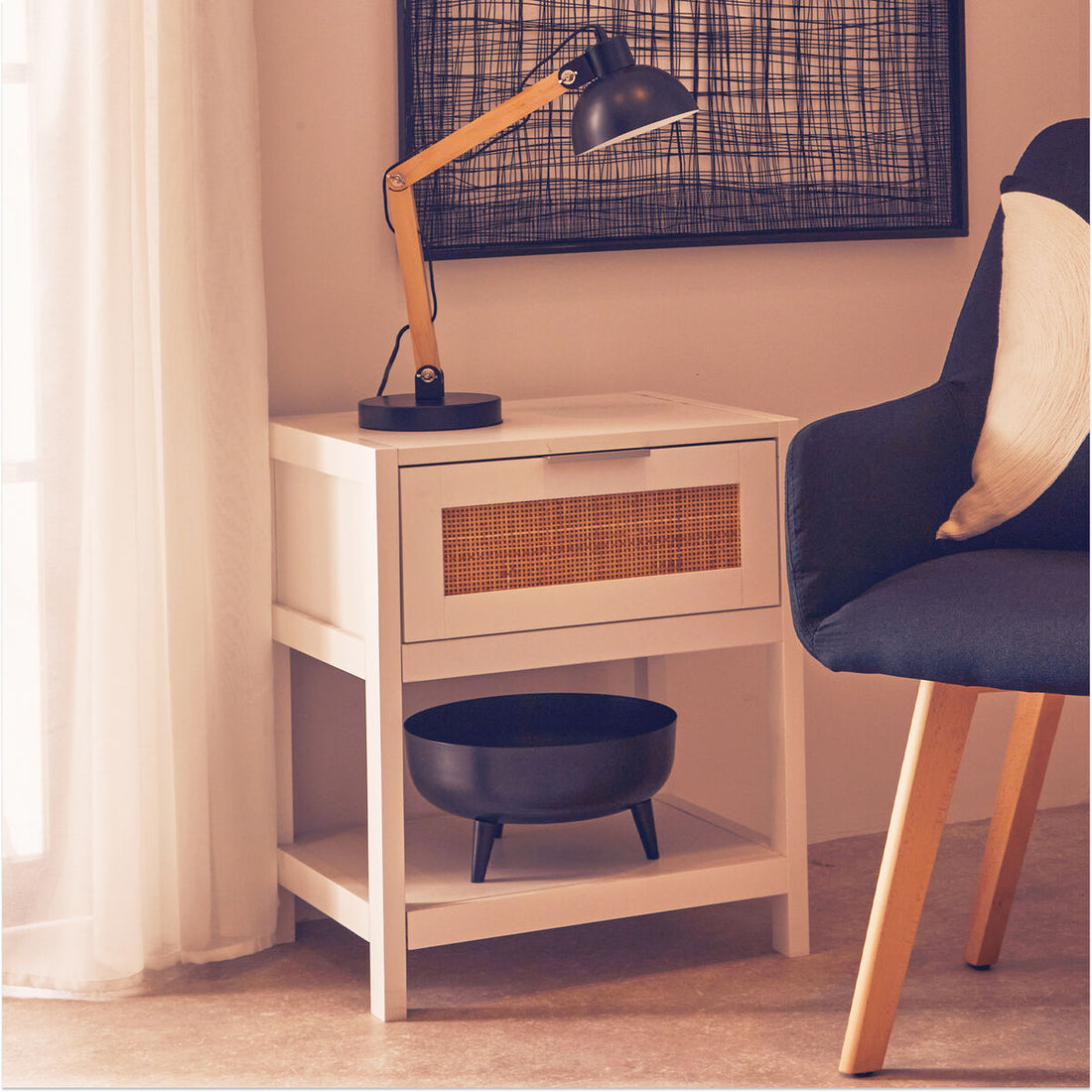 White Wooden Side Table with Rattan 1 Drawers, Sherman