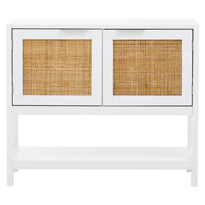 Sherman White Wood and Rattan Two Drawer Side Cabinet