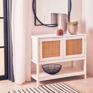Sherman White Wood and Rattan Two Drawer Side Cabinet