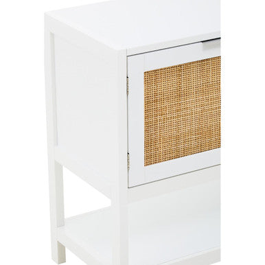 Sherman White Wood and Rattan Two Drawer Side Cabinet