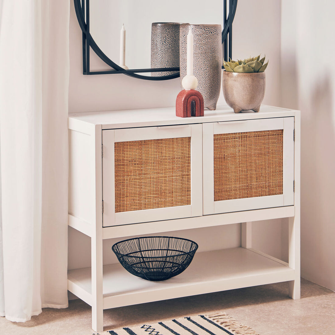 Sherman White Wood and Rattan Two Drawer Side Cabinet