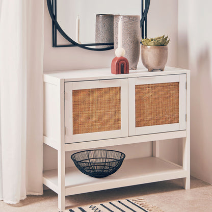Sherman White Wood and Rattan Two Drawer Side Cabinet
