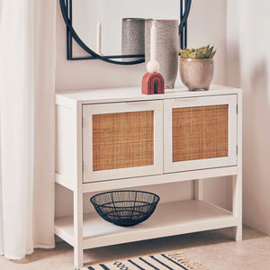 Sherman White Wood and Rattan Two Drawer Side Cabinet