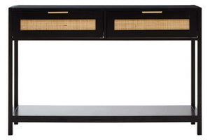 Sherman Black Wood and Rattan Two Drawer Console Table