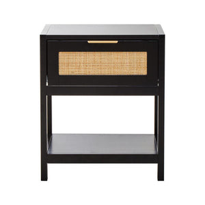 Sherman Black Wood and Natural Rattan One Drawer Bedside Table