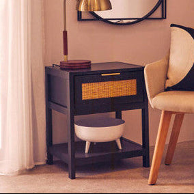 Black Wooden Bedside Table with Natural Rattan 1 Drawer, Sherman