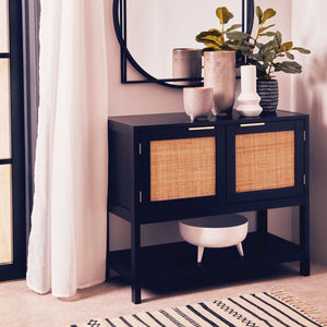 Sherman Black Wood and Rattan Two Door Side Cabinet