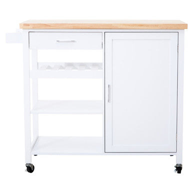 White kitchen cart with wooden top on a white background
