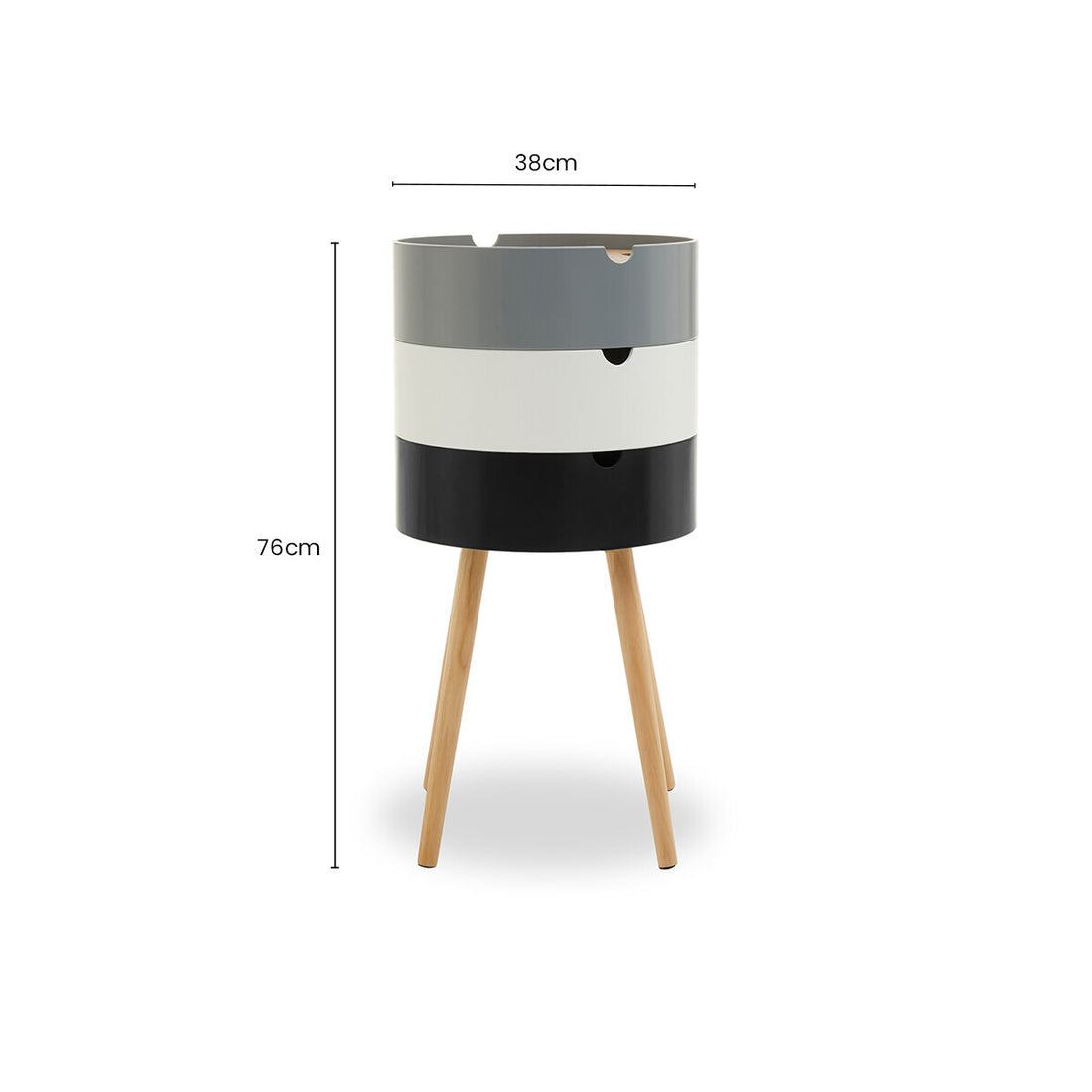 White, Grey and Black Three Tier Storage Side Table with Pine Wood Legs, Viborg