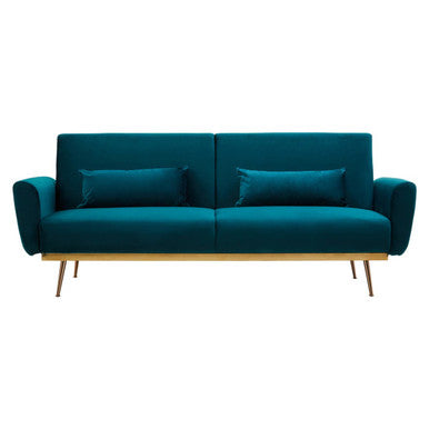 Teal sofa with wooden legs on a white background