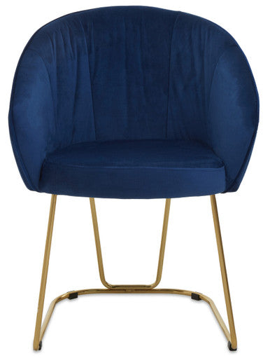 Blue velvet chair with gold metal legs on a white background