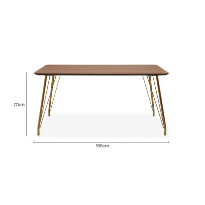 Natural Wood Effect Top Dining Table with Gold Hairpin Metal Base | Veneto