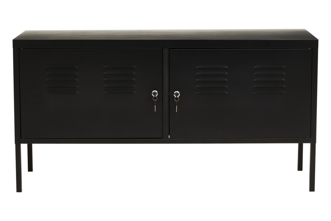 Black metal locker-style cabinet on a white background