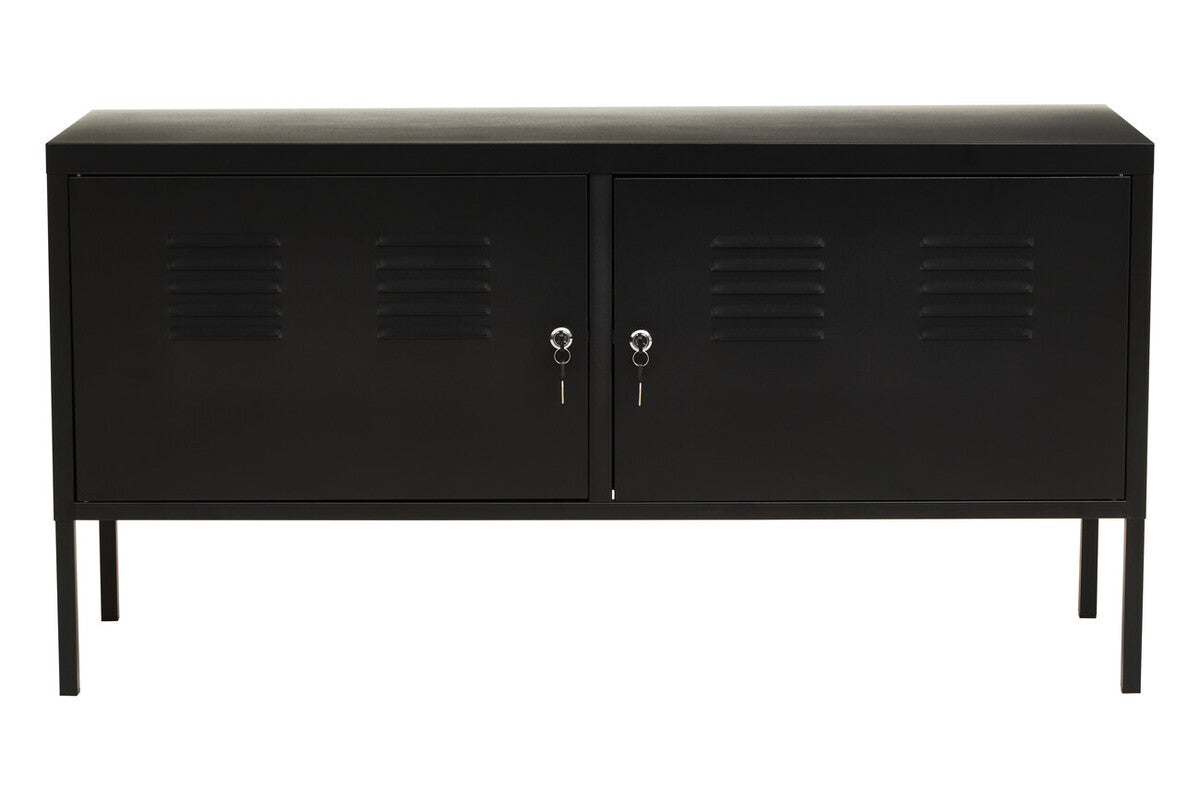 Black metal locker-style cabinet on a white background