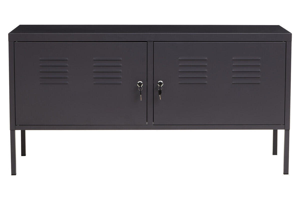 Black metal cabinet with two doors on a white background