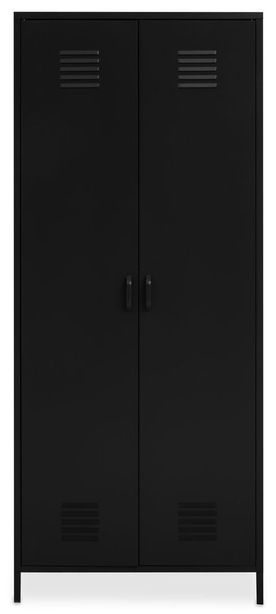 Black metal locker with two doors on a white background