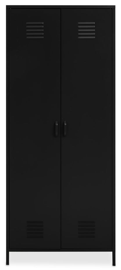 Black metal locker with two doors on a white background