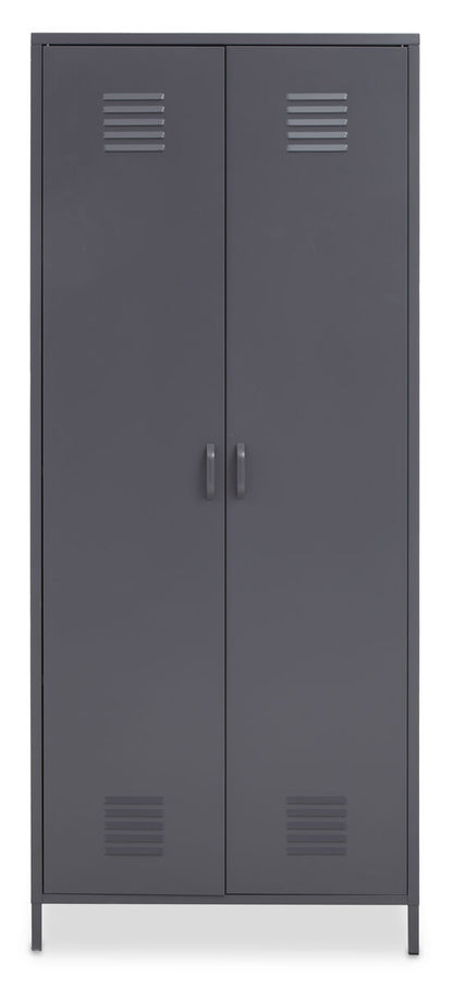 Gray metal locker with two doors on a white background