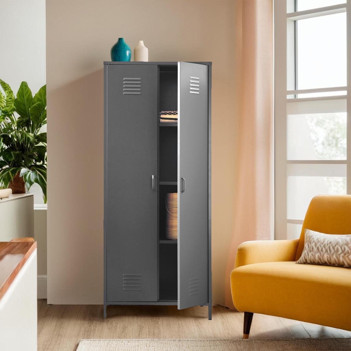Gray metal locker in a room with a yellow armchair and a plant.