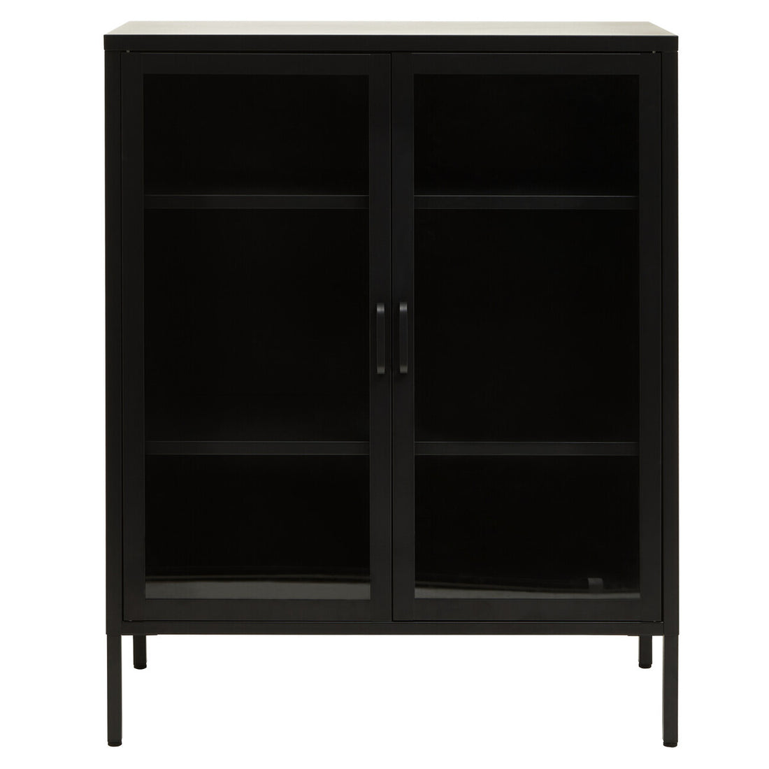 Black cabinet with glass doors on a white background