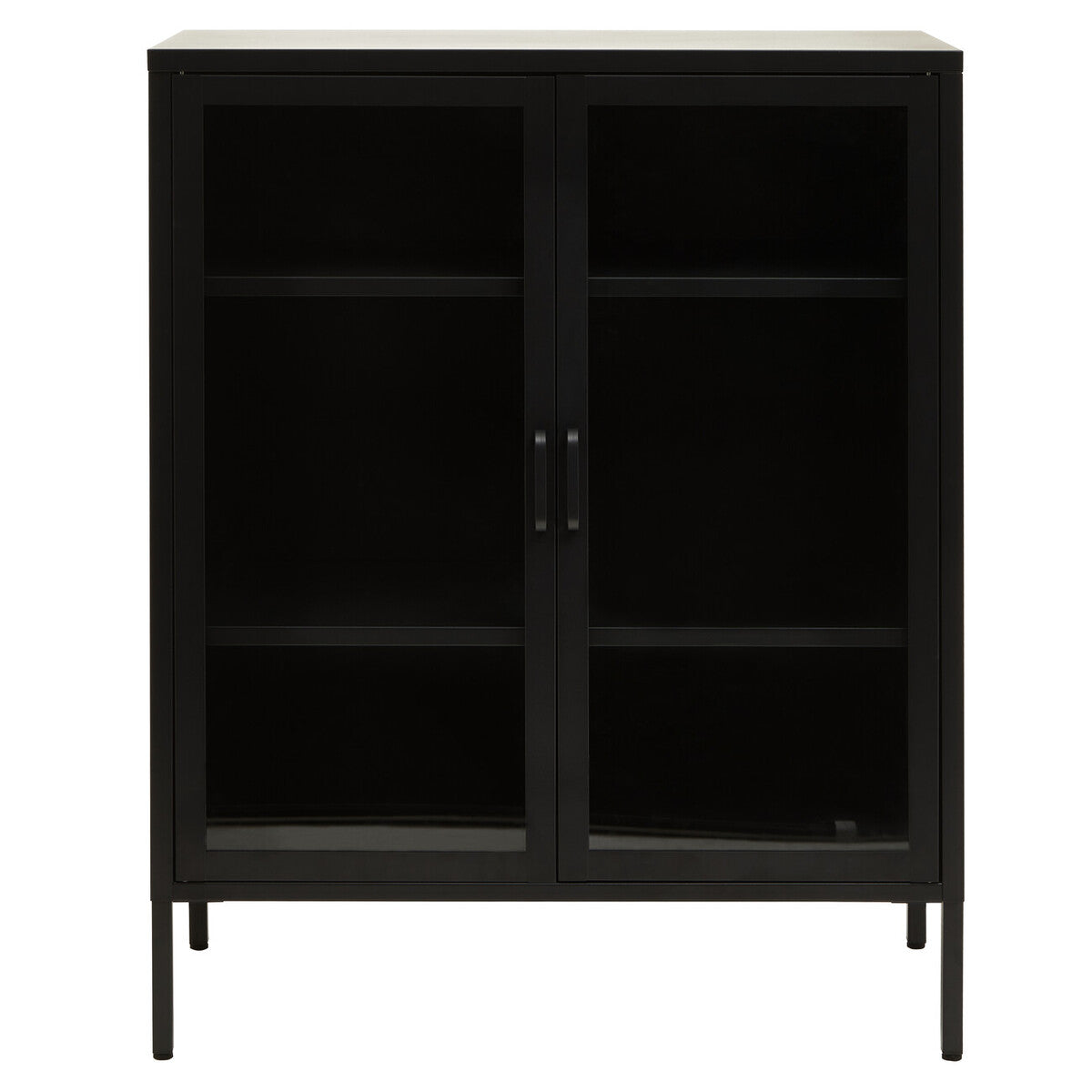 Black cabinet with glass doors on a white background