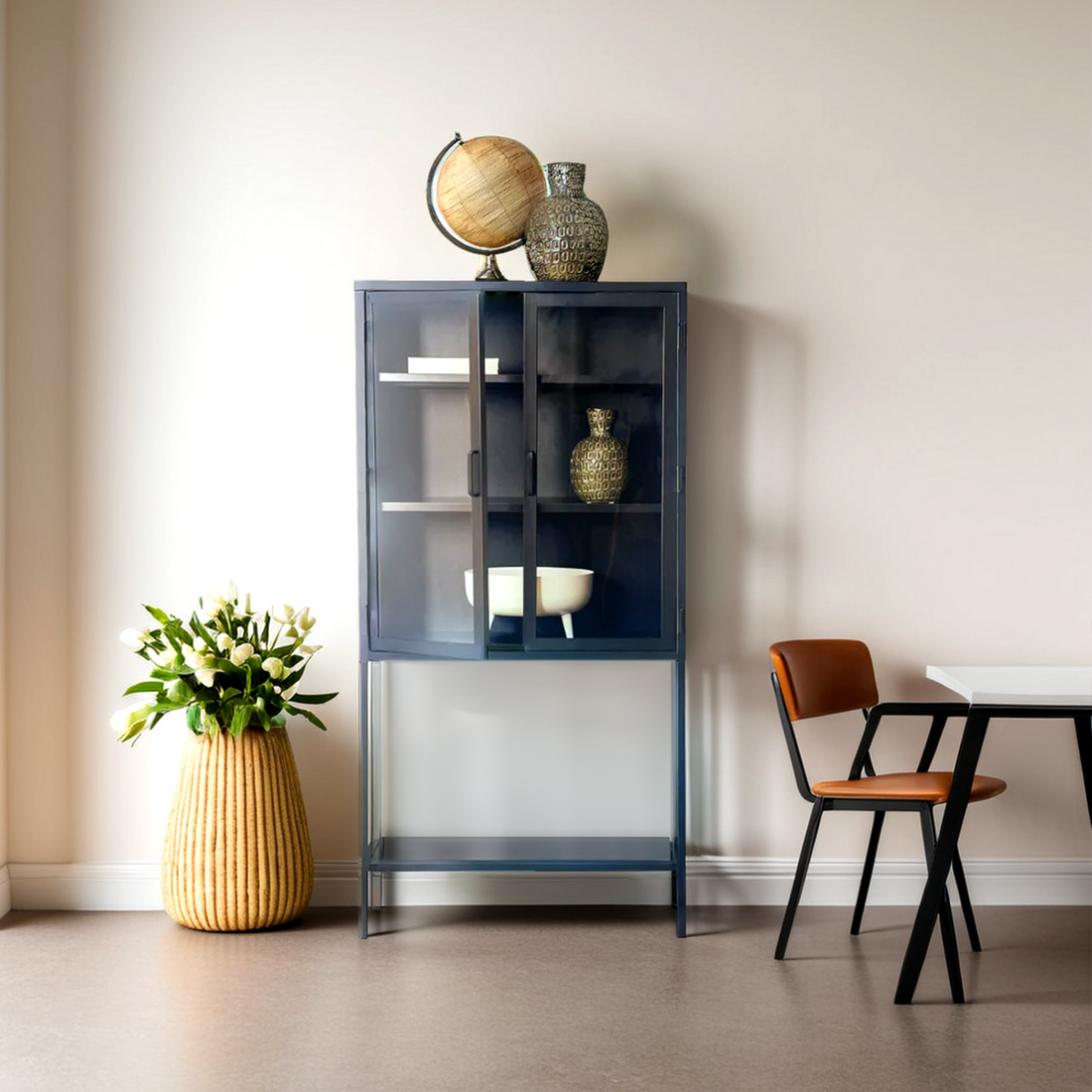 Acier Two Door Black Metal Cabinet with Glass Doors