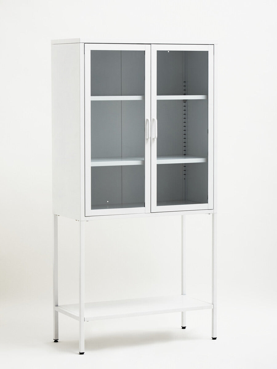 Acier Two Door White Metal Cabinet With Glass Doors