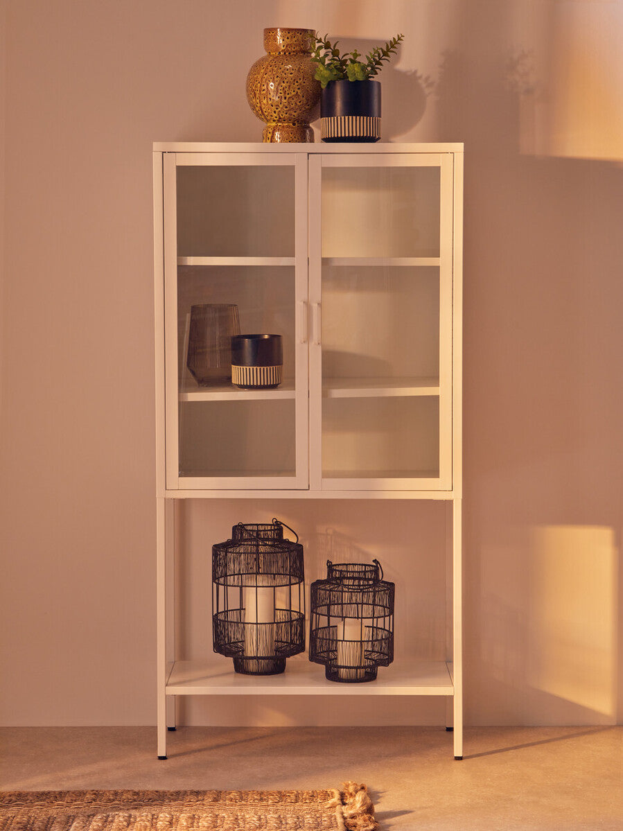 Acier Two Door White Metal Cabinet With Glass Doors