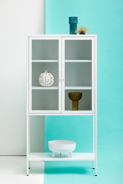 Acier Two Door White Metal Cabinet With Glass Doors