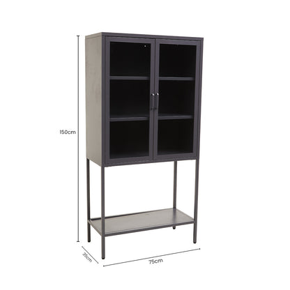 Acier Two Door Grey Metal Cabinet With Glass Doors