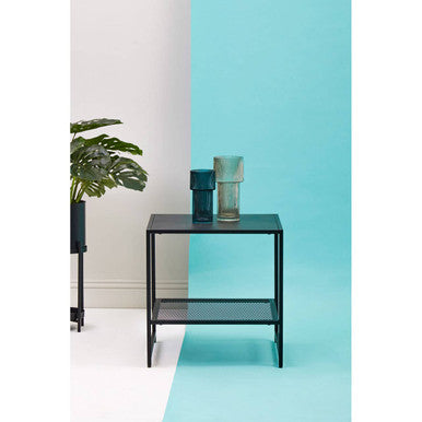 Black Powder Coated Metal Square Side Table with Open Mesh Shelf, Acero