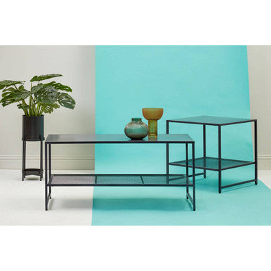 Black Powder Coated Metal Square Side Table with Open Mesh Shelf, Acero