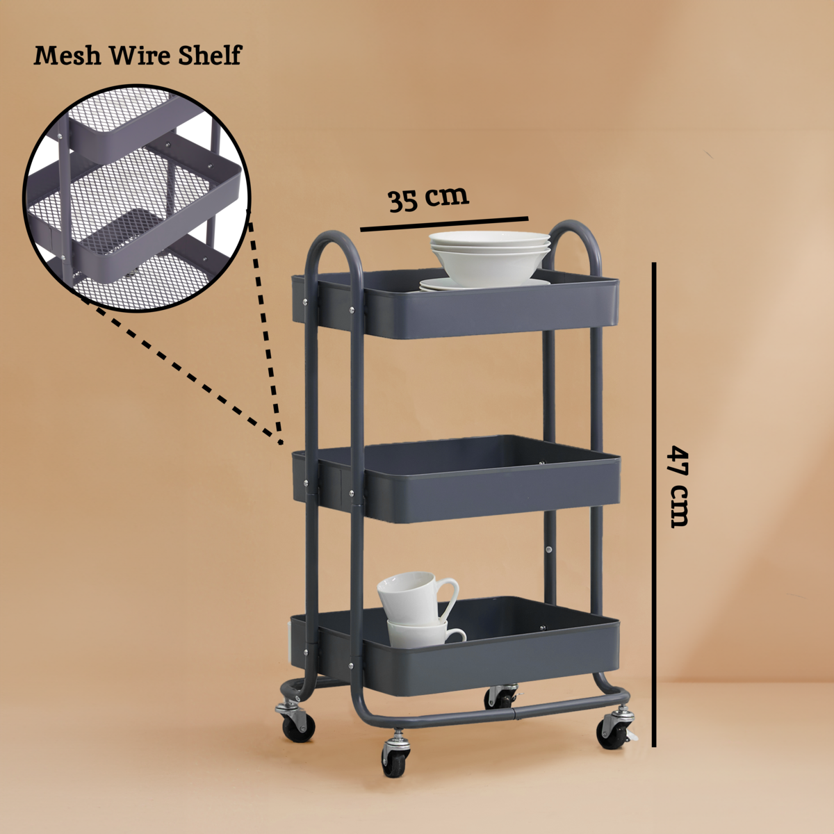 Acero Three Tier Grey Metal Trolley