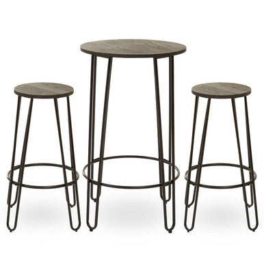 Set of three bar stools with wooden seats and metal legs on a white background
