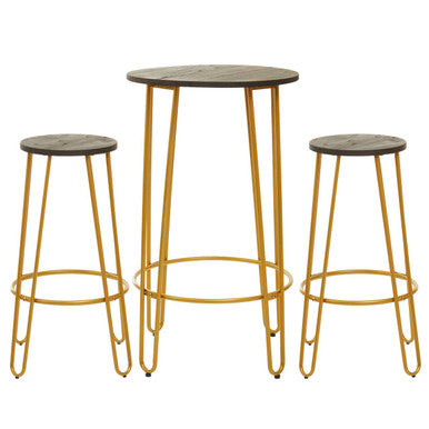Set of three bar stools with gold metal legs and dark wooden seats on a white background