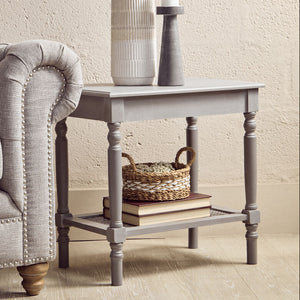 Heritage Grey Wash Wooden Side Table with Rattan Shelf