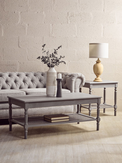 Slate Grey Wooden Coffee Table with Cane Webbed Lower Shelf and Carved Spindle Legs, Heritage