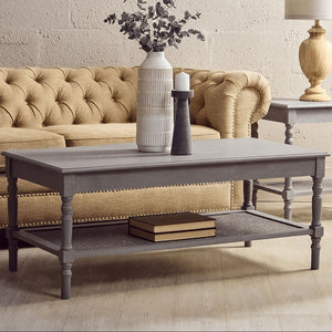 Heritage Grey Wash Wooden Coffee Table with Rattan Shelf