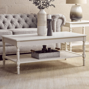 Heritage White Wooden Coffee Table with Rattan Shelf