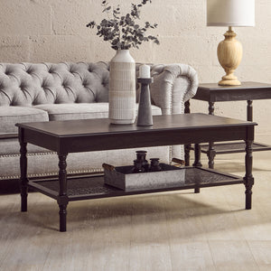 Heritage Black Wooden Coffee Table with Rattan Shelf