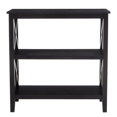 Black bookshelf with three shelves on a white background
